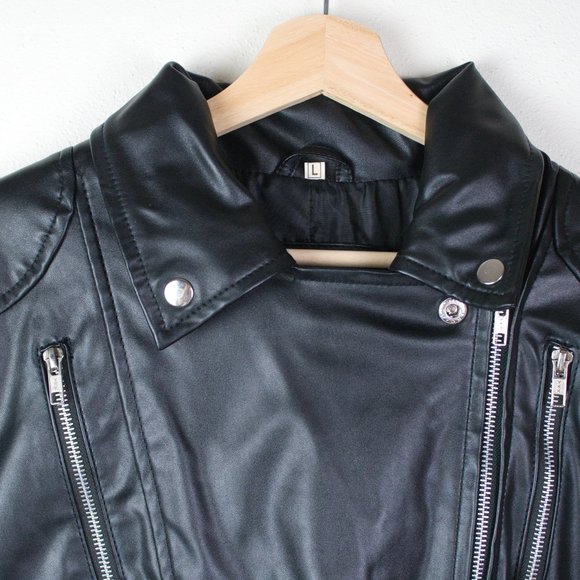 Abbraci Black Faux Leather Women's Moto Jacket with Peplum Size L - Picture 7 of 16